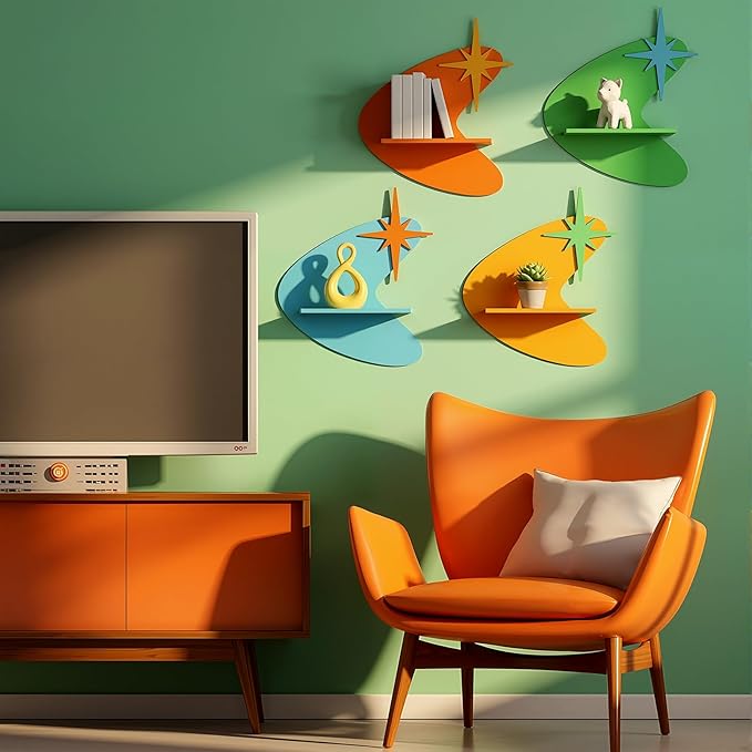 Threehoney Mid-Century Modern Wall Set of 4 Colorful Floating Display Shelves Retro Style Starburst Wall Mounted Shelves Storage for Bedroom, Living Room Decor(Star-Shaped Burst)