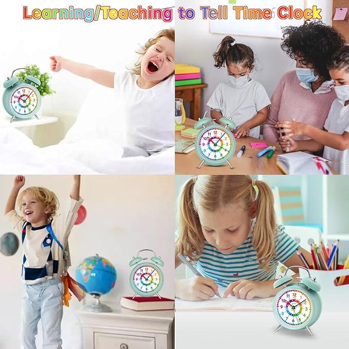 Peakeep Loud Analog Alarm Clock for Kids Learning Telling Time Teaching, 4.5" Twin Bell Alarm Clock Battery Operated for Heavy Sleepers Teenagers Kids(Aqua)