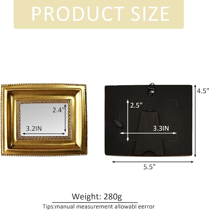 Golden Mini Vintage Mirror with Exquisite Relief Elegant Wall Decor for Bedroom Dresser Table Compact Resin Retro Design (Gold Rectangle, 4.5X5.5)