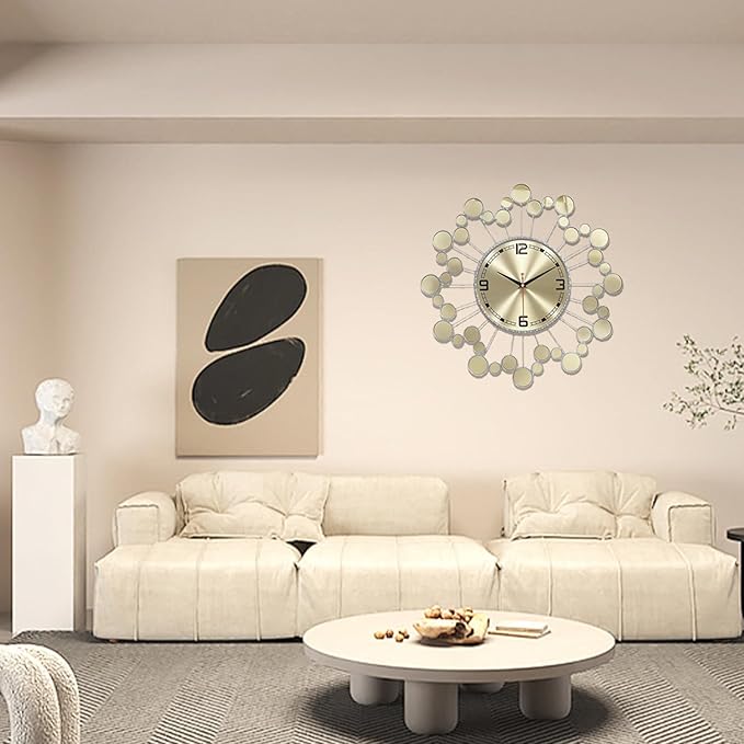 Mid Century Modern Silver Silent Wall Clock Non Ticking for Living Room, 23 inch Decorative Round Black Clock for Wall, Unique Metal Fancy Clock Wall Decor for Bedroom Entryway