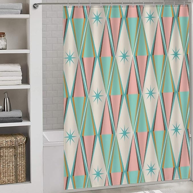 Mid Century Shower Curtain,Modern Abstract Atomic Retro 60s Geometric Fabric Bathroom Decor Curtains with Hooks 66x72in（168x183cm）