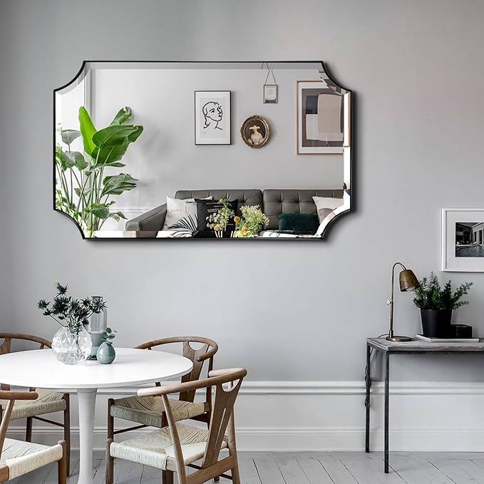 POZINO Rectangle Beveled Mirror, 24"x40" Bathroom Vanity Mirrors for Over Sink, Modern Matte Black Decorative Wall Mirror, Rounded Corner Oblong Mirrors for Living Room Bedroom Fireplace Entryway