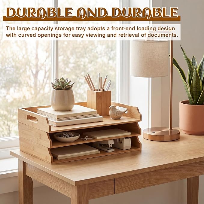 AceOrbit 3 Pcs Stackable Paper Tray Bamboo Wood Desk Organizer Letter Tray 3 Tier Wooden File Organizer Desk Shelf for Documents, Letter Sorter, Envelopes and Magazine Holder