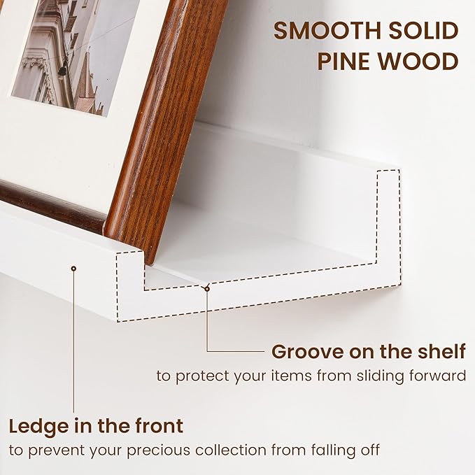 Vivelove Picture Ledge Shelf, Solid Pine Wood Rustic Floating Shelves for Wall, 24 Inch Floating Shelves with Lip for Bedroom Kitchen Living Room Nursery Display Wall Decor, Set of 2 (White)