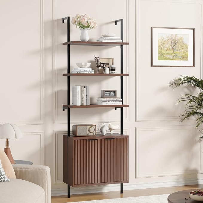 Set of 2 Ladder Bookshelf with Cabinet, 71" Tall Bookcase with Shelves & Storage, Fluted Ladder Shelf with Metal Frame, 6-Tier Display Rack for Living/Bedroom, Home & Office, Walnut & Black