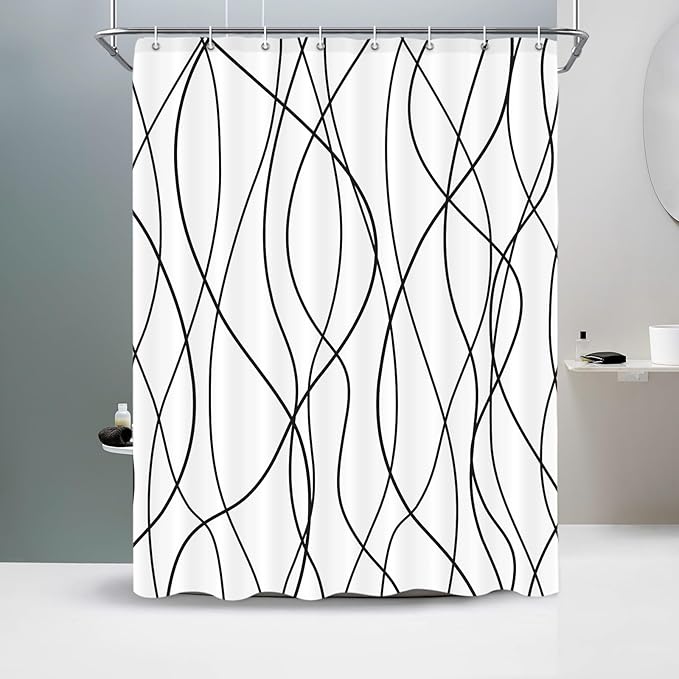 Punkray Black and White Striped Wavy Line Polyester Shower Curtain for Bathroom with Hooks, Shower Curtain Set Stripe Bath Curtains Decor Weighted Hem Washable, 60 x 72
