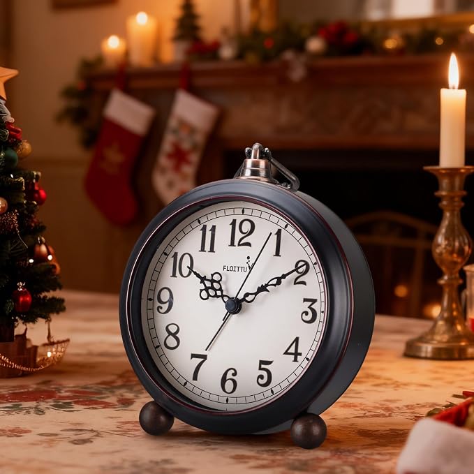 FLOITTUY 4.5" Battery Operated Antique Retro Analog Metal Alarm Clock, Silent Bedside Desk Clock, Wall-Hanging Vintage Clock(Vintage Black)