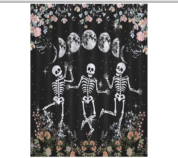 Skull Skeleton Flower Moon Shower Curtain Gothic Moon Phase Scary Horror Black Spooky Flower Holiday Waterproof Shower Curtains for Bathroom Decor 12 Pack Hooks 55x72in（140x183cm）