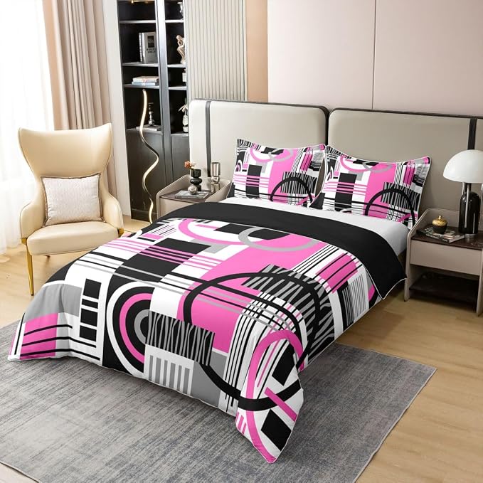 Erosebridal Art Deco Mid Century Duvet Cover Set Retro Modern Abstract Geometric 100% Cotton Comforter Cover Black and White Fuchsia Circles Stripes King Bedding Set, Contemporary Bed Sets