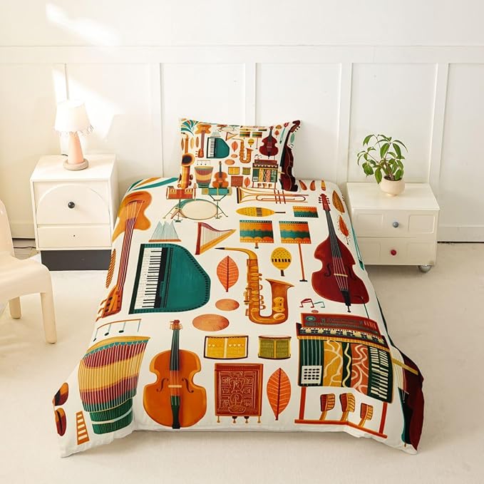 Erosebridal Retro Music Comforter Cover Twin for Kids Adults - Vintage Music Bedding Set Mid Century Musical Instruments Duvet Cover,Trendy Boho Jazz Instrument Bed Set
