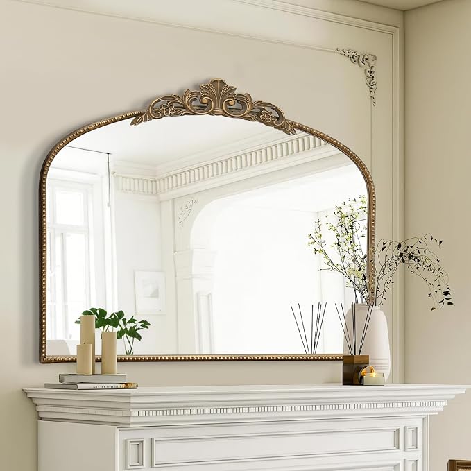 Micasso Vintage Gold Arched Mirror: 36"x29" French Baroque Antique Wall Mounted Mirror - Traditional Ornate Decorative for Wall/Fireplace/Entryway/Bathroom/Hallway - Home Decor for Living Room