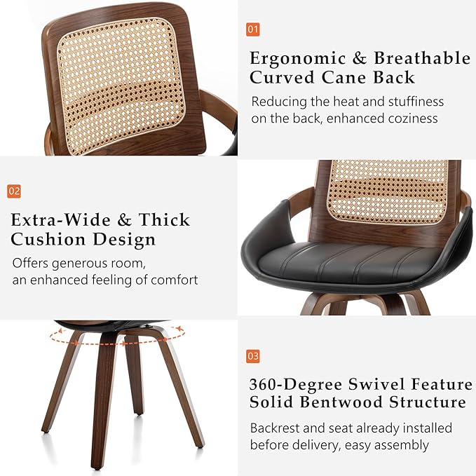 Set of 1 Swivel Rattan Dining Chair - Mid Century Modern Dining Chair with Bentwood Frame, Ergonomic Cane Back, Curved Arms, Faux Leather Swivel Chair for Kitchen/Restaurant (Walnut Black, Set of 1)
