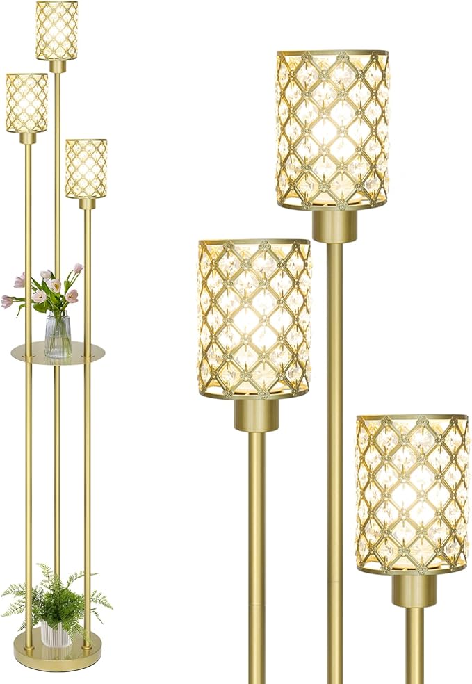 Gold Floor Lamps for Living Room, Standing Floor Lamp with shelves, Tall Lamp with Table, Modern Mid Century Floor Lamp with E26 Base, Coner Crystal Floor Light for Bedroom (Without Bulb) (Gold)