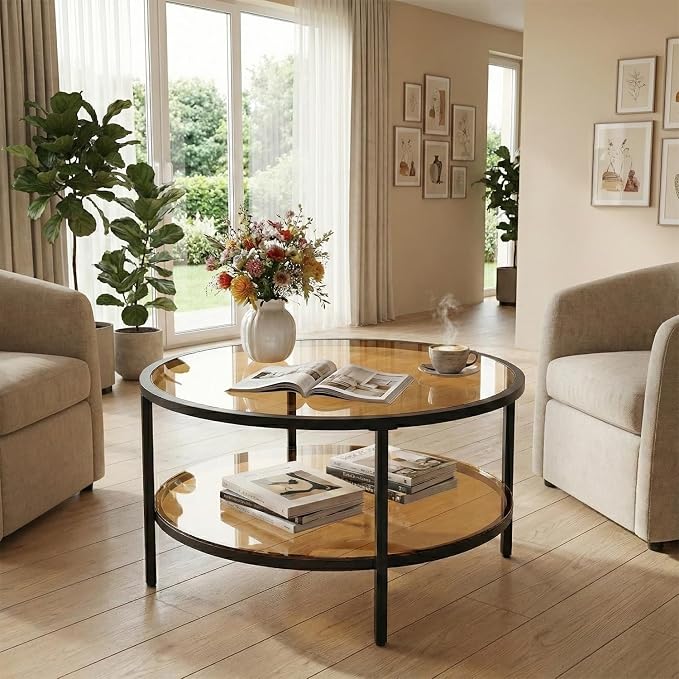 DIYART 29.5" Round Glass Coffee Table, 2-Tier Modern Amber Glass & Metal End Table for Living Room, Mid Century Accent Table with Lower Shelf, 29.5" D x 16.5" H