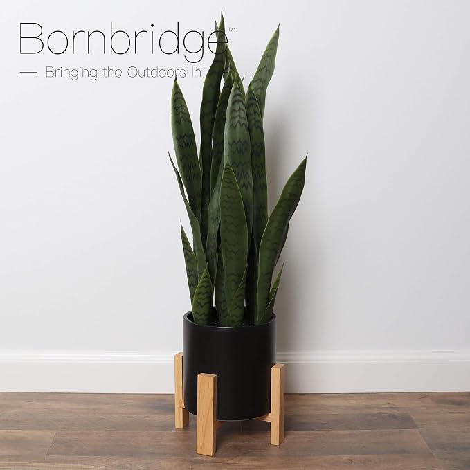 Bornbridge Artificial Snake Plant with Mid Century Plant Stand - Sansevieria Plant in Modern Planter - Artificial Plants with Indoor Plant Stand - Faux House Plants (Large / 2 Pack)
