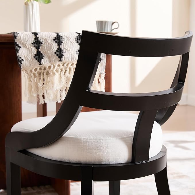 Modern Farmhouse Dining Chairs Set of 6 Mid Century Upholstered Dining Chair with Wooden Curved Back Kitchen Chairs for Dining Room Restaurant Cafe, Black-Linen Beige