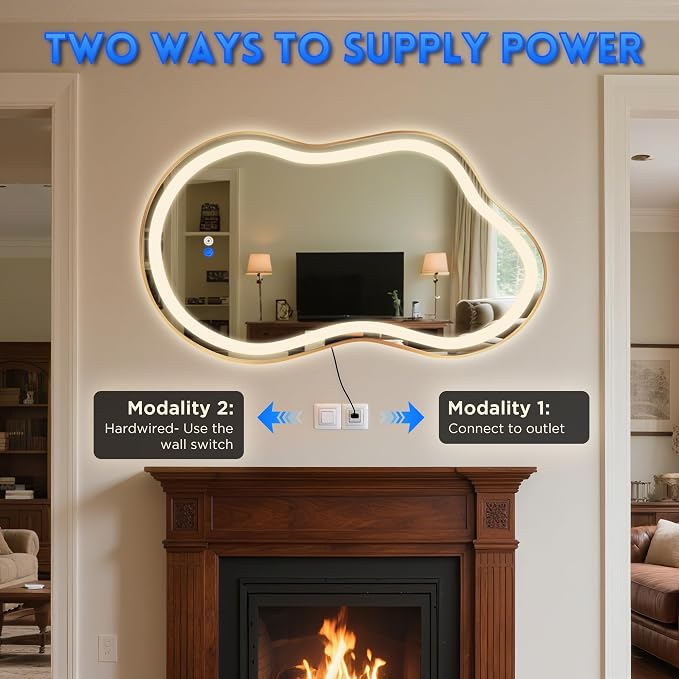 Irregular Led Backlit Bathroom Mirror -24"x36" Single Piece, Asymmetrical Cloud Lighted Vanity Mirror with Lights for Wall, Anit-Fog, Dimmable, Memory (Vertical/Horizontal)