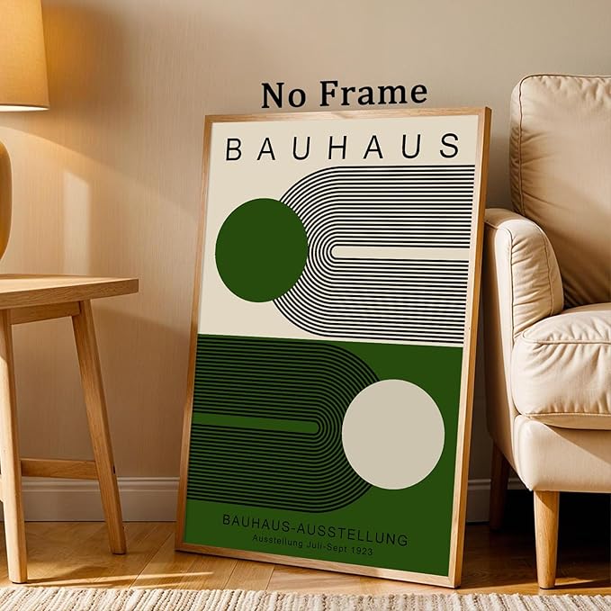 Minimalist Green Bauhaus Wall Art Abstract Geometric Prints Modern Boho Picture Contemporary Artwork Bauhaus Exhibition 1923 Poster Mid Century Modern Painting Green and Beige Canvas 16x24in Unframed