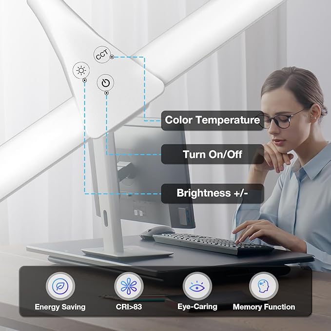 LED Desk Lamp with Clamp, Double Head Desk Light for Home Office, Dimmable Desktop Light, 12W 1400lm Eye-Caring Architect Table Lamp for Workbench Monitor Computer Reading Study, White
