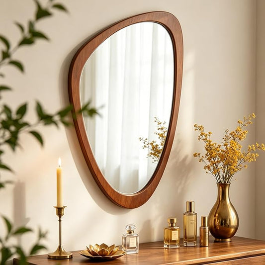 Ferytange Asymmetrical Wall Mirror Wood Frame, 36" H×28" W Modern Irregular Decorative Mirror, Unique Wall Art for Living Room Bedroom Entryway, Mid Century Modern Home Decor