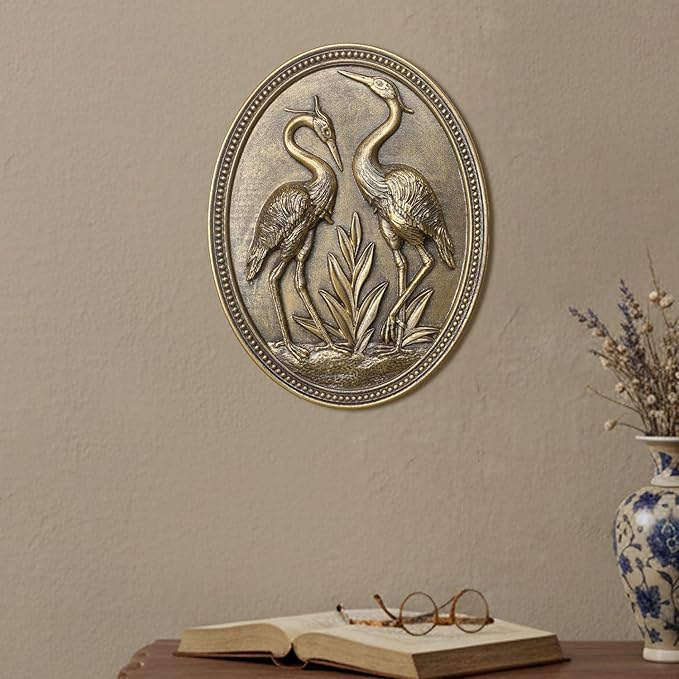 Vintage Crane Wall Sculpture, Antique Wall Decor, Crane Wall Art, Hand Painted Wall Decoration with Embossed Couple Birds Design, Vintage Wall Decor for Living Room Bedroom Dining Room Hallway, Housewarming Gifts