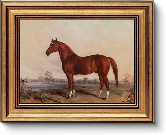 HUARCEY Gold Framed Vintage Wall Art for Living Room, Animals Painting Prints Shelf Decor for Kitchen, Aesthetic Bedroom Wall Art, Best Gifts for Friends or Family - Ferghana horse 10L x 8W