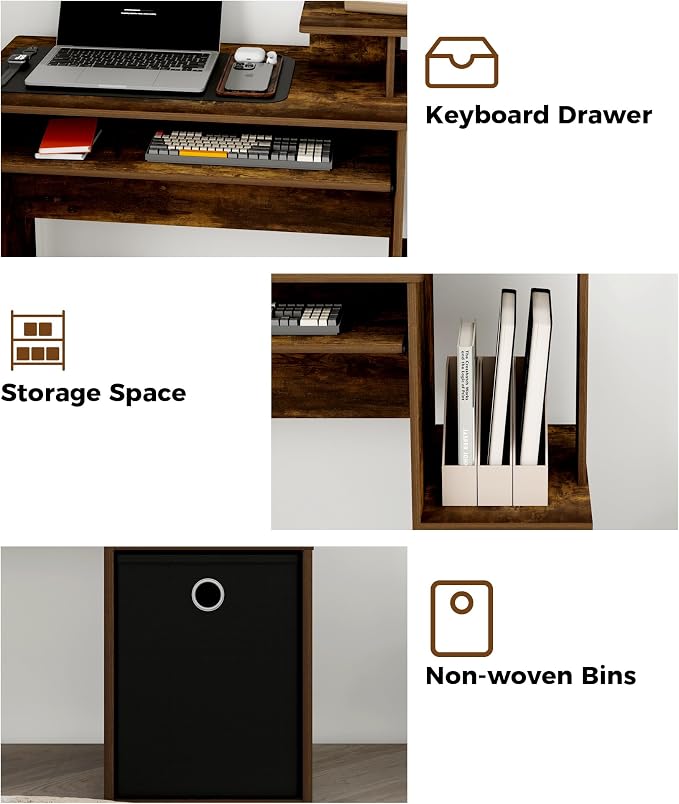 Small Computer Desk with Drawers, Wood Writing Desk with Storage Shelves for Home Office Bedroom Living Room, Walnut/Black