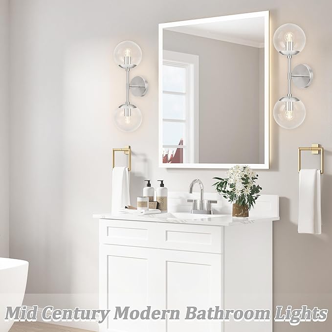 KoKo&Yukina Nickel 2 Pack Vanity Light Fixtures Mid Century Modern Bathroom Vanity Light Globe Sconce with Clear Glass for Bathroom Bedroom