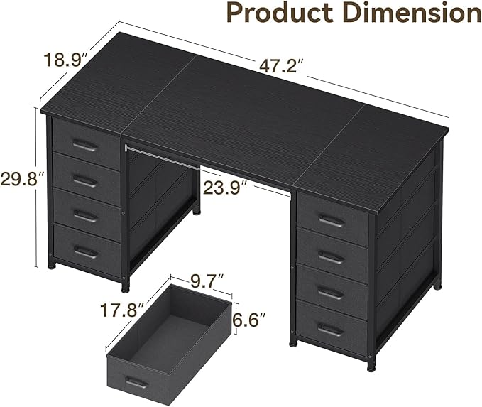 ODK 48 Inch Computer Desk with 8 Fabric Drawers, Modern Office Desk with Large Storage for Home Office, Study, Gaming, Black