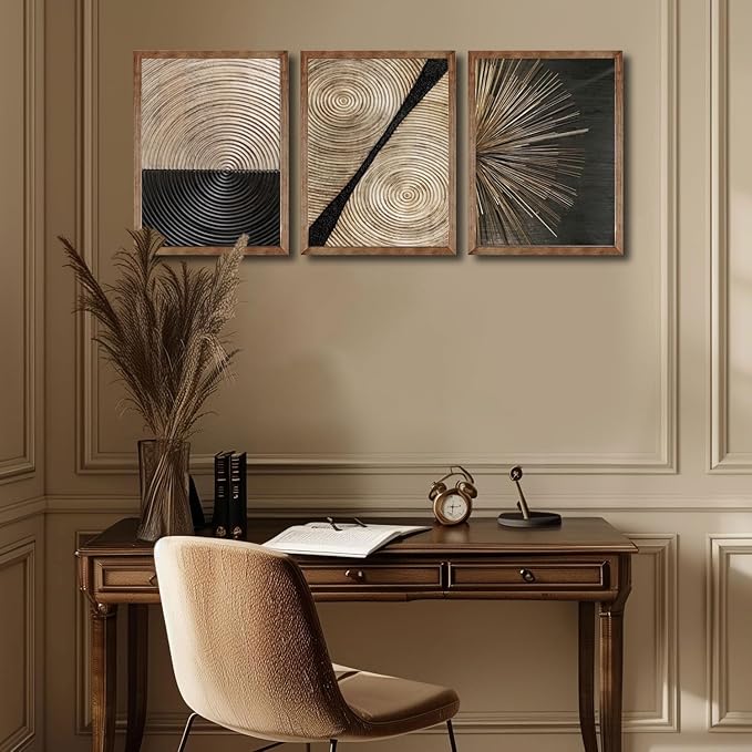 3Pcs Retro Wood grain Abstract Canvas Wall Art Minimalist Black Golden Line Texture Wall Decor Pictures Neutral Geometric Beige Brown Poster Prints for Living Room Bedroom Home Decoration 12x16in