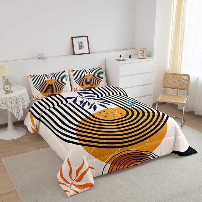 Mid Century Bedding Twin Swirl Line Comforter Set, Vintage Minimalit Bedding Comforter Sets Modern Artwork Duvet Insert, Abstract Circle Spiral Down Comforter Lightweight for All Seasons