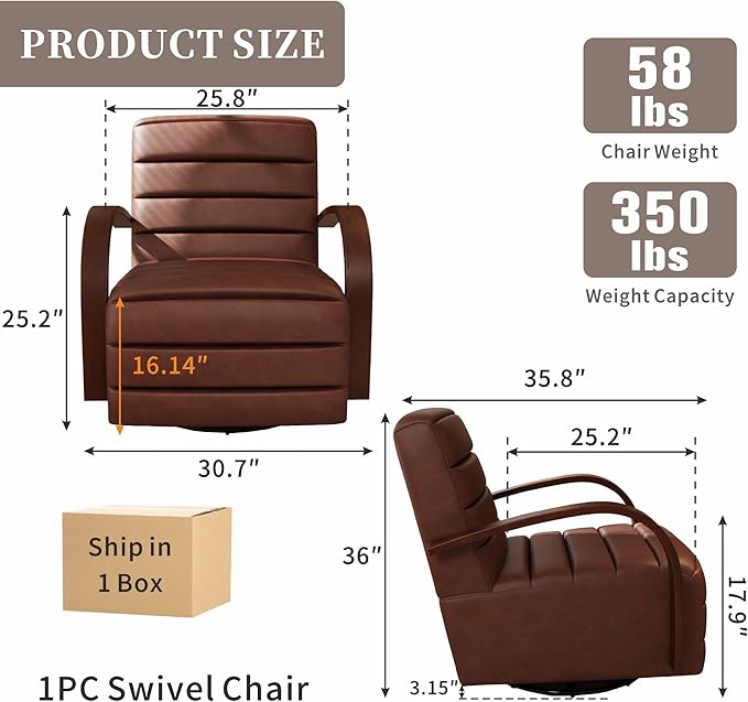 Chifee & Vingol 360° Swivel Accent Chair 30.3" W PU Leather Swivel Living Room Chair with Solid Wood Armrests Mid Century Modern Reading Chair,Brown