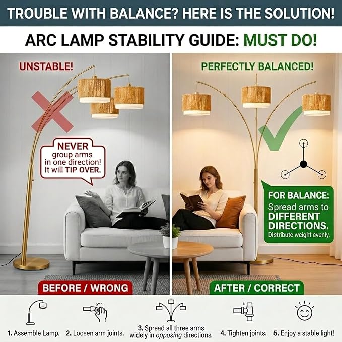 Gold Arc Floor Lamp for Living Room, Mid Century Floor Lamp with Stepless Dimmable Switch, Boho Standing Lamp with Wicker&Fabric Shade, Rattan Tall Lamp for Bedroom Over Couch Reading