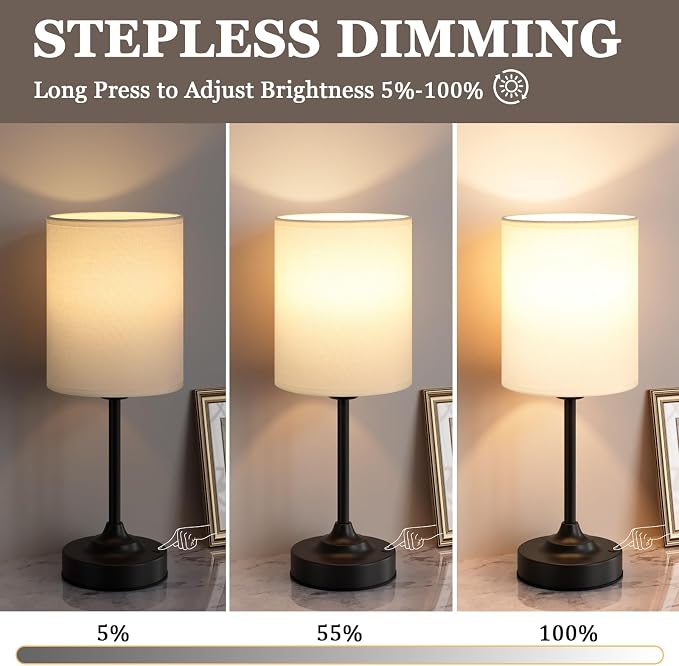 Touch Control Cordlss Table Lamp, USB-C Rechargeable Lamp with Stepless Dimming, 4000mAh Battery Operated Bedside Lamp for Bedroom, Living Room, Night Light & Emergency Lighting, Black, 2 Pack