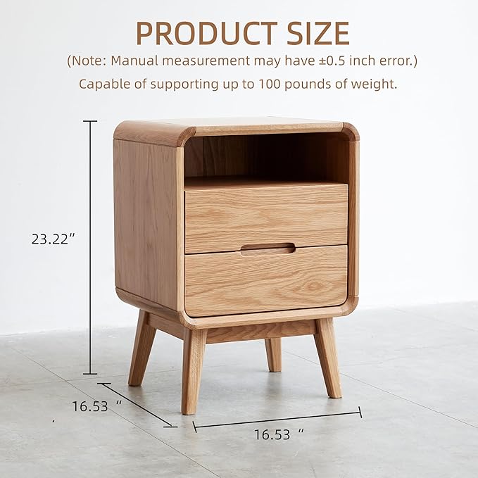 Mid-Century Modern Solid Oak Nightstand, 2-Drawer Bedside Table with Open Storage, Wooden Bedroom End Table (Natural Oak, 16.53”x13.78”x23.22”)
