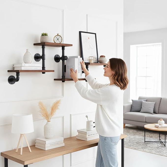 Industrial Rustic Modern Solid Wood Ladder Pipe Wall Mounted Floating Shelves – 4 Tiers Bookshelf,DIY Storage Shelving,Hung Bracket,Bookcases