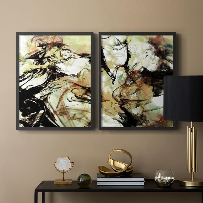Renditions Gallery Set of 2 Peel & Stick Framed Prints, Abstract Wall Art, Vaping Smoke Design Wall Decor, Re-Stickable - Ready to Hang - 11"x14" - Black Frame LT588