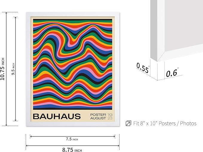 Poster Master Bauhaus Poster - Psychedelic Waves Print - Abstract ART - Rainbow ART - Groovy Style - Chic Boho - Mid Century Modern - Living Room or Bedroom Wall Decor - 8x10 White Framed