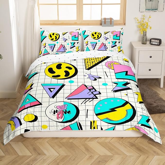 80s 90S Fashion Style Bedding Set Queen Size,Retro Memphis Style Pattern with Geometrical Shapes Duvet Cover for Kids Child,Funky Hipster Old Fashioned Comforter Cover Geometric Bedroom Decor