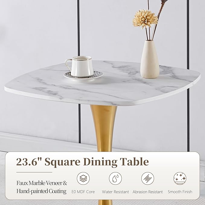 Small Square Dining Table,24" Tulip Table with Metal Pedestal,15-Minute Quick Assembly,Mid Century Modern Leisure Table for Kitchen Small Places Cafe (Faux Marble White Gold)