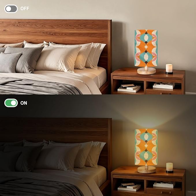 Bedside Table Lamp 50s Mid Century Modern Seamless Pattern 16-Way Dimmable Small Desk Lamp with Round Flaxen Fabric Shade for Nightstand Bedroom Living Room Home Decor
