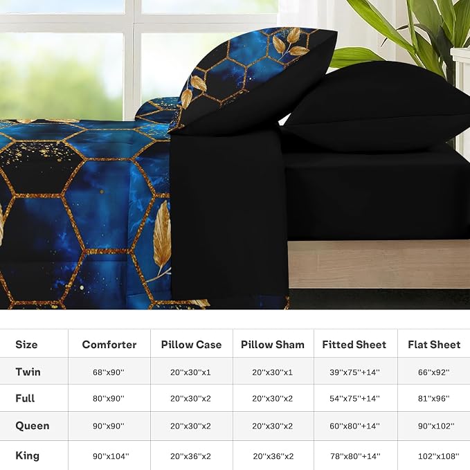 Nesker Comforter Set King Size, Luxury Geometric Hexagon 7 Pcs Bedding for Kids and Adults, Navy Blue Gold Leaves Bed Sheet Sets with Fitted Sheet 2 Pillowcases & 2 Shams