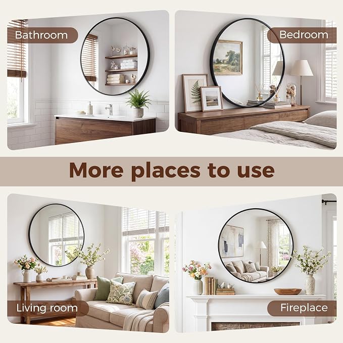 NEWBULIG 24 Inch Round Wall Mirror, Bathroom Mirrors for Over Sink, Matte Metal Framed Circle Vanity Mirror, Wall Decor for Bedroom, Anti-Rust, Tempered Glass, Hanging or Leaning, Classic Black
