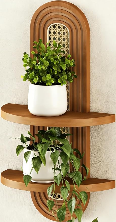 Floating Shelves for Wall,Boho Rattan Plant Shelf Wall Mounted,Mid Century Hanging Small Decorative Shelf,2 Tier Natural Wood Shelves for Living Room,Bedroom,Nursey Room,1-Pack (Walnut)