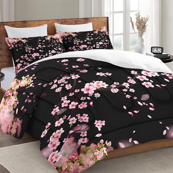 WeCozy King Size Comforter Set with 2 Pillowcases, Spring Pink Tree Cherry Soft 3 Pcs Bedding for Kids and Adults Bedroom Bed Decor