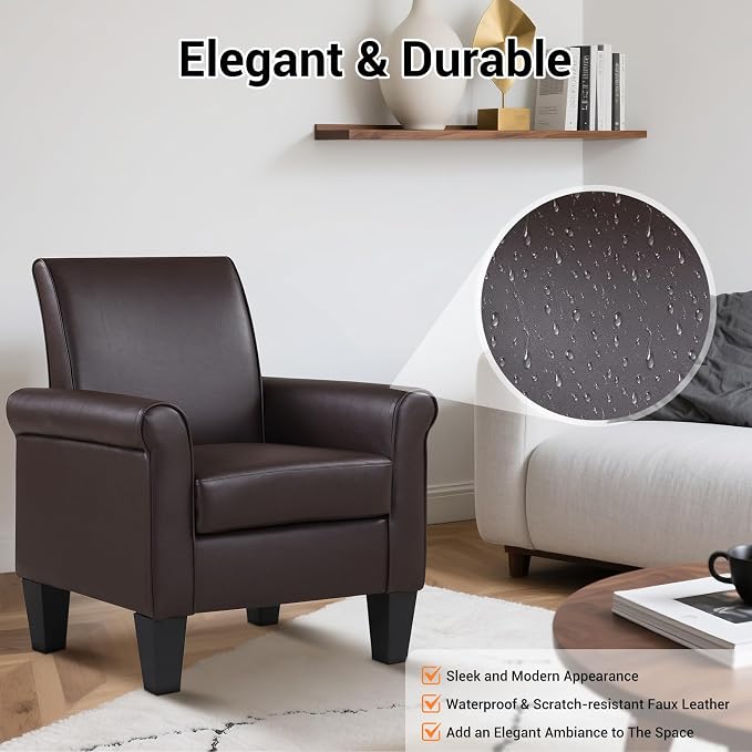 Pu Leather Accent Chair Set of 2, Overstuffed Mid Century Modern Living Room Chairs Upholstered Comfortable Reading Chair Fake Leather Armchair for Bedroom, Office -Brown