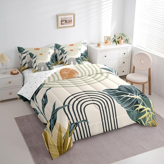 Erosebridal Mid Century Modern Full Comforter Set with Sheets 7 Piece Boho Tropical Leaves Palm Leaf Bed in A Bag Retro Geometric Line Art Bedding Sets Abstract Sun Aesthetic Arch Curve Bed Set