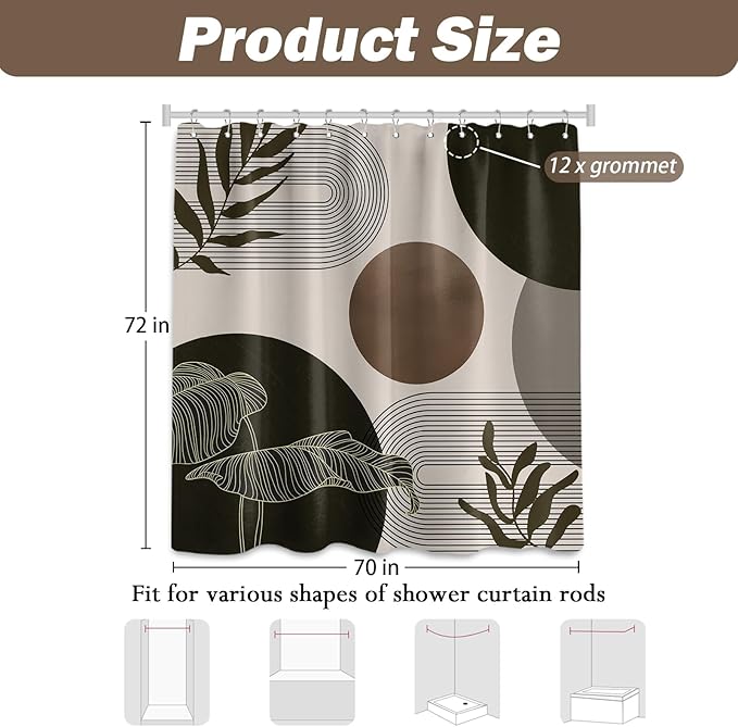 Brown and Beige Shower Curtain Light Brown Tan Taupe Boho Mid Century Modern Shower Curtains for Bathroom Decor MCM Mens Cool Bath Curtain Set, Waterproof Fabric with Hooks 70 x 72 Inch