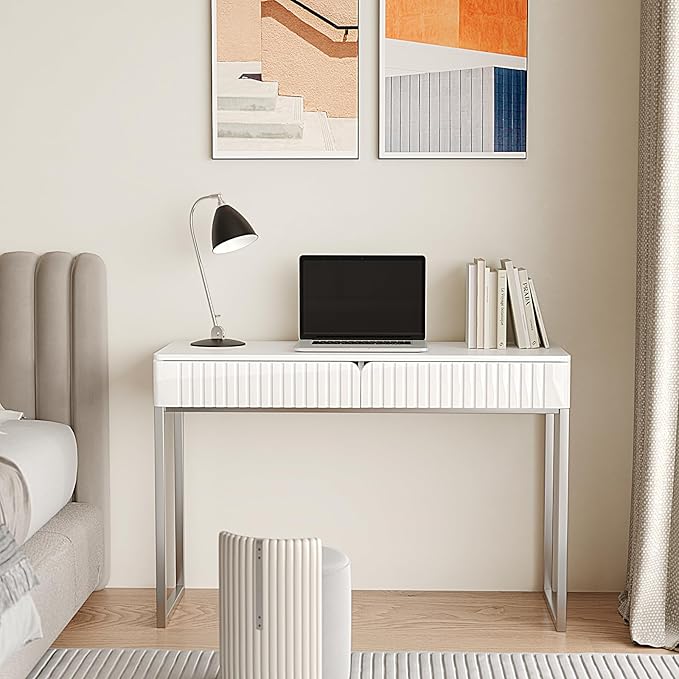 Tamworth Design Modern Multi-Purpose Desk, White & Antique Brass, 43" L x 15.75" W, 2 Large Drawers, Computer/Vanity/Study, Adult Size