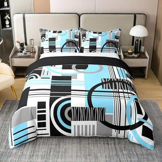 Erosebridal Art Deco Mid Century Duvet Cover Set Retro Modern Abstract Geometric 100% Cotton Comforter Cover Black and White Sky Blue Circles Stripes Full Size Bedding Sets, Contemporary Bed Set
